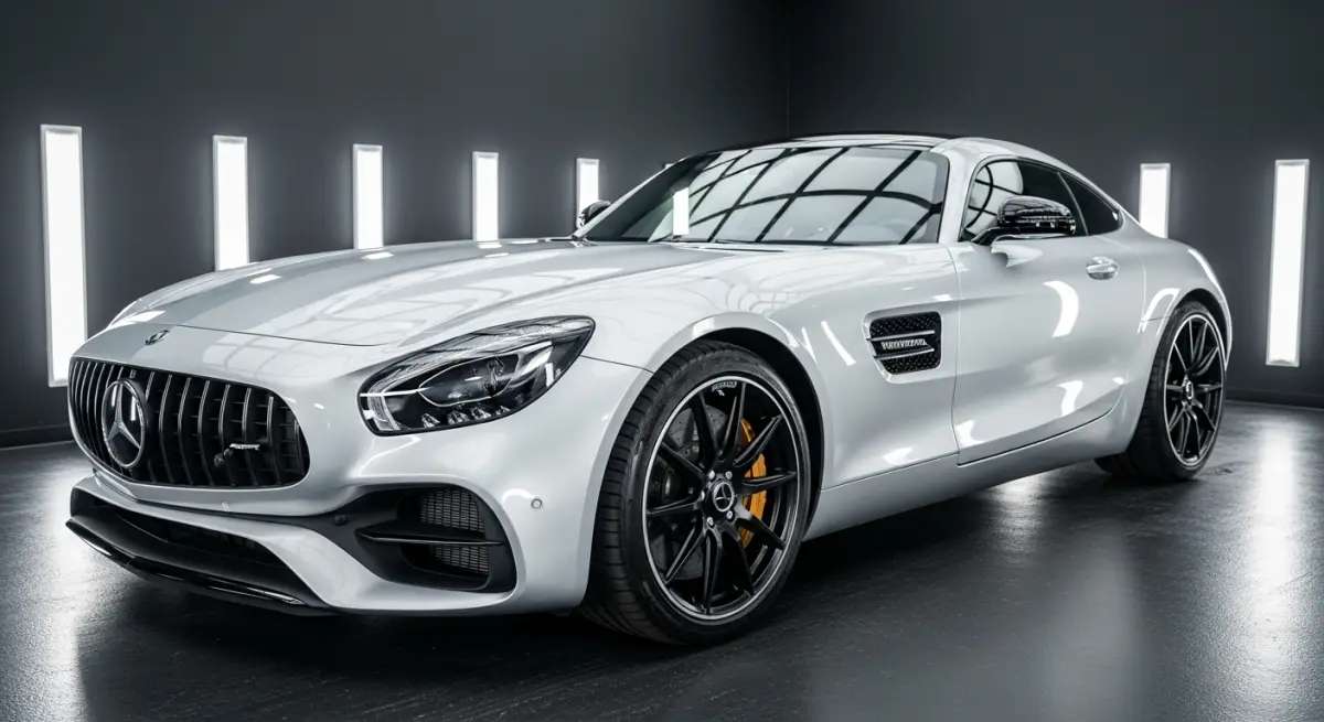 Silver Mercedes-AMG GT with glossy coated paint under studio lights