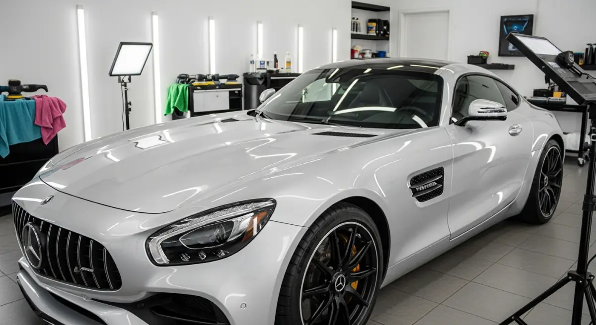 Silver Mercedes-AMG GT under inspection lights in a detailing studio, before paint correction
