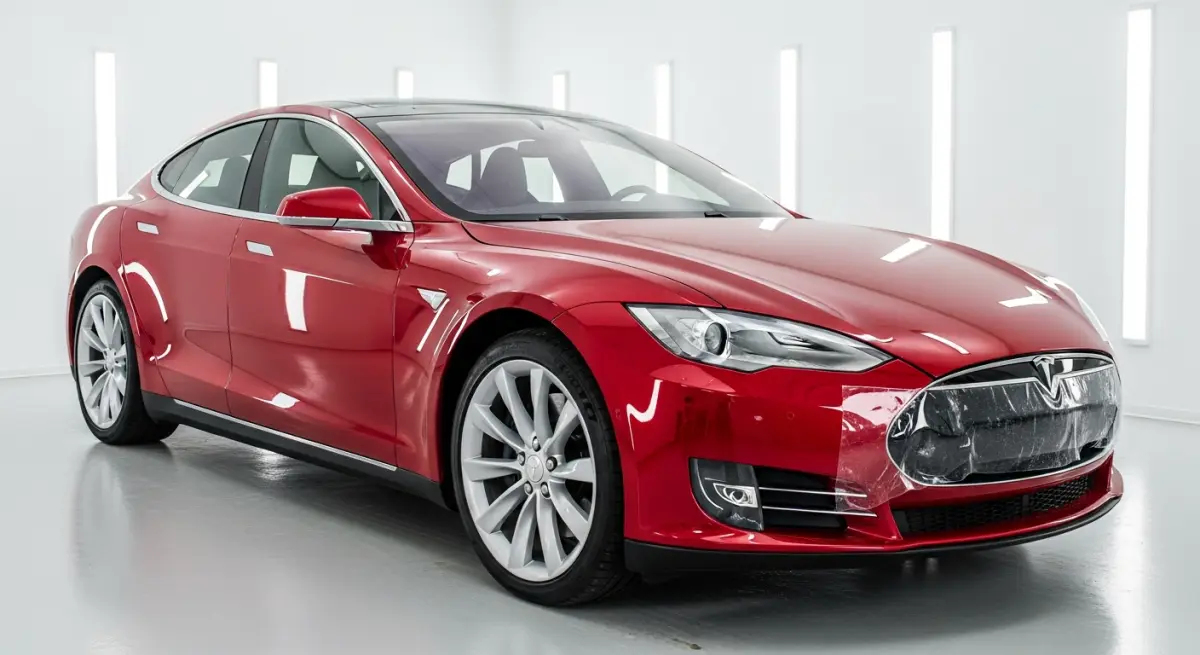 Red Tesla Model S under studio lights
