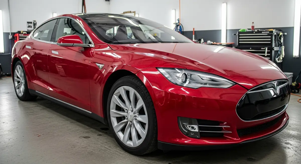 Red Tesla Model S parked in the detailing bay