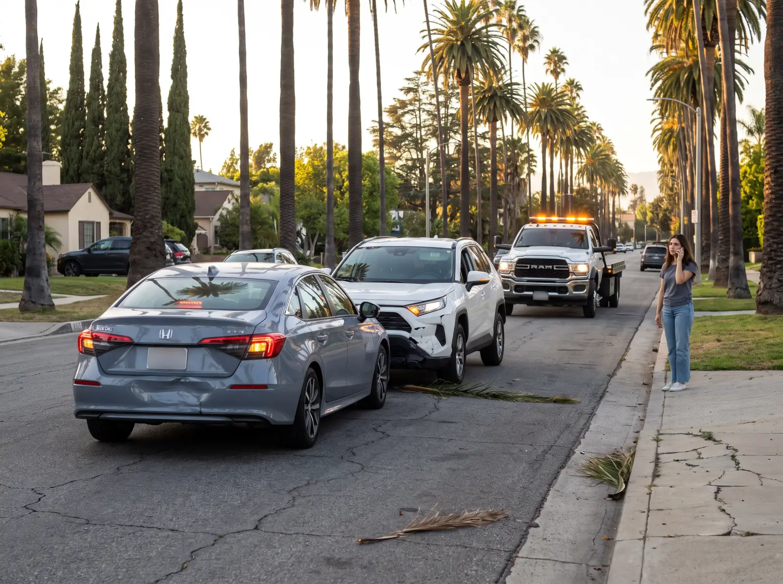 Driver on the phone after a minor fender bender on a Los Angeles street, hazard lights on