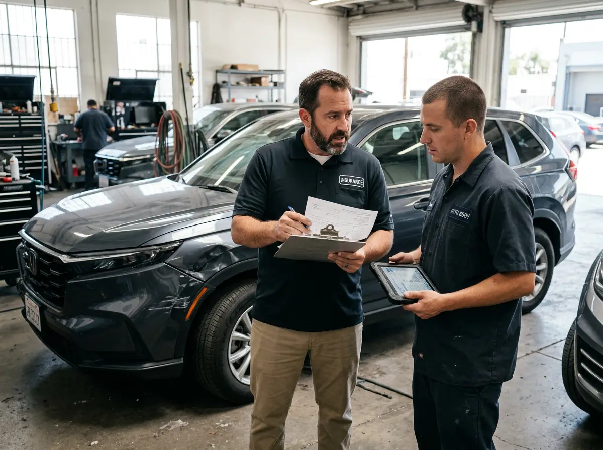 Insurance adjuster and estimator reviewing a repair estimate next to a damaged Honda CR-V