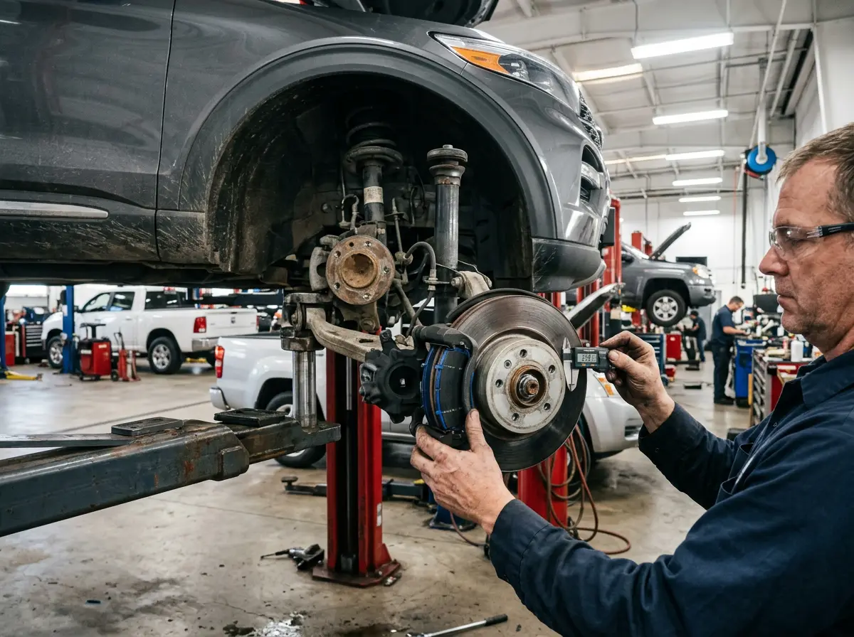 Mechanic measuring a brake rotor on a Ford Explorer with the wheel off