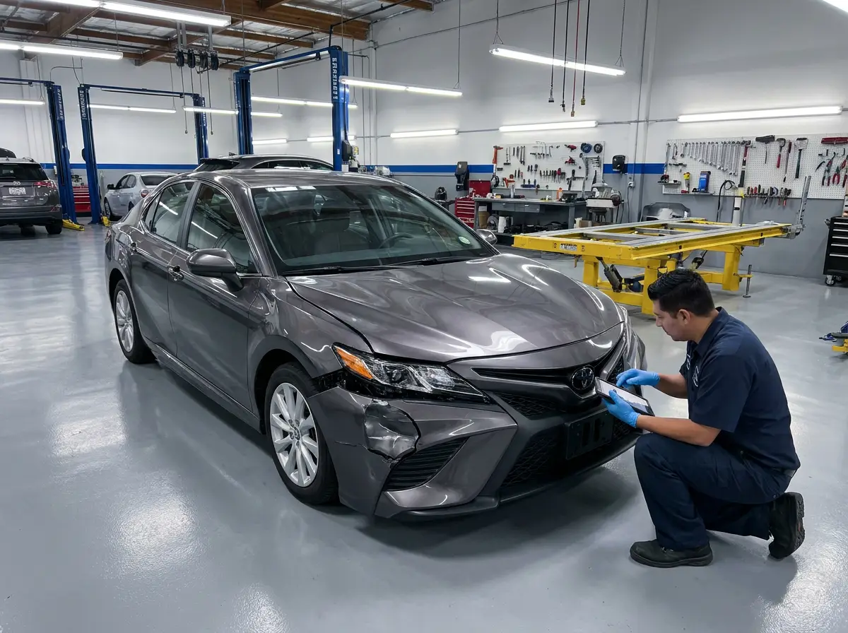 Technician checking front bumper damage on a grey Toyota Camry with a tablet