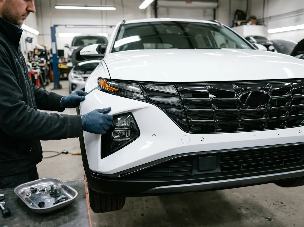 Technician fitting a new front bumper on a white Hyundai Tucson