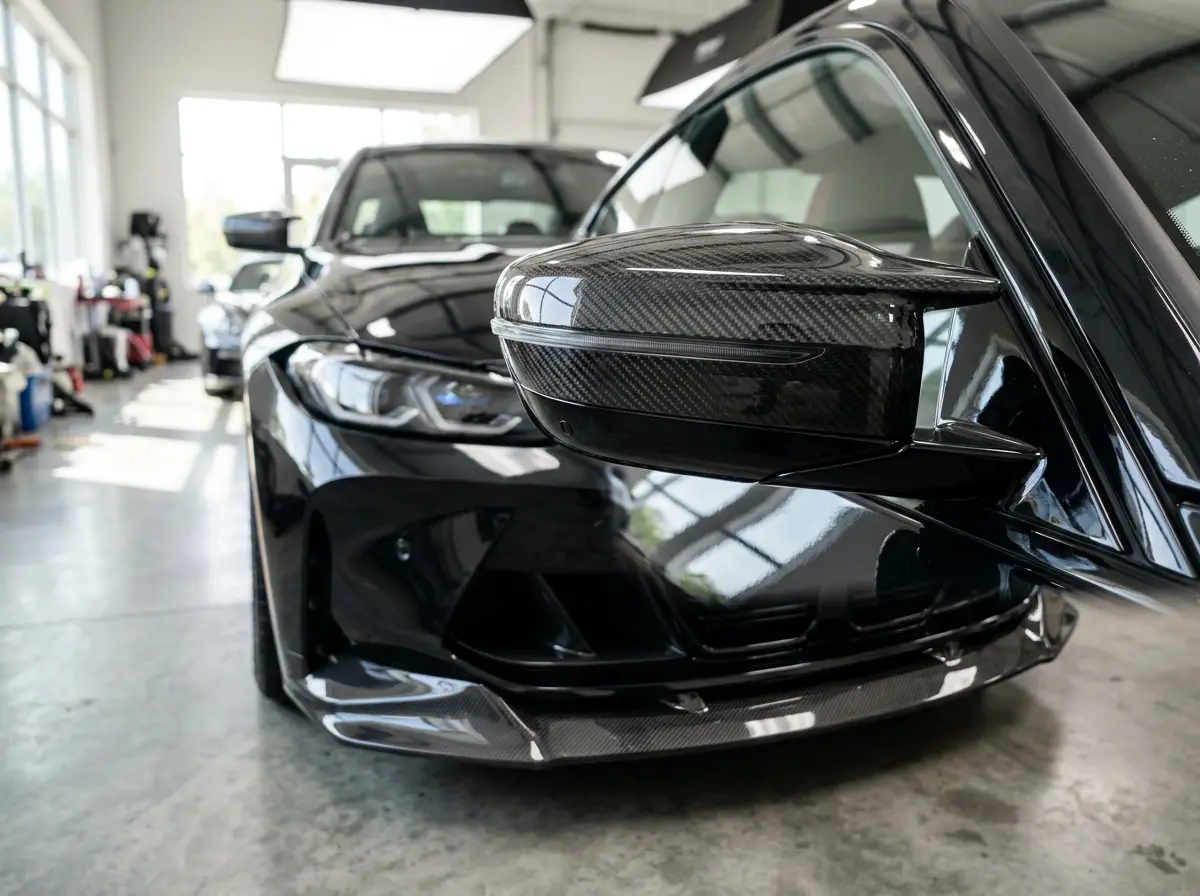 Carbon fiber mirror caps and front splitter on a black BMW M4