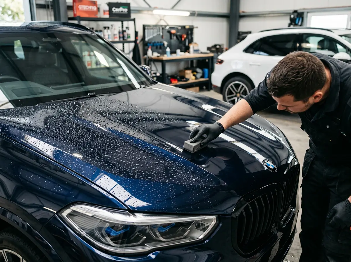 Detailer applying ceramic coating to a blue BMW X5 hood, water beading on the coated paint