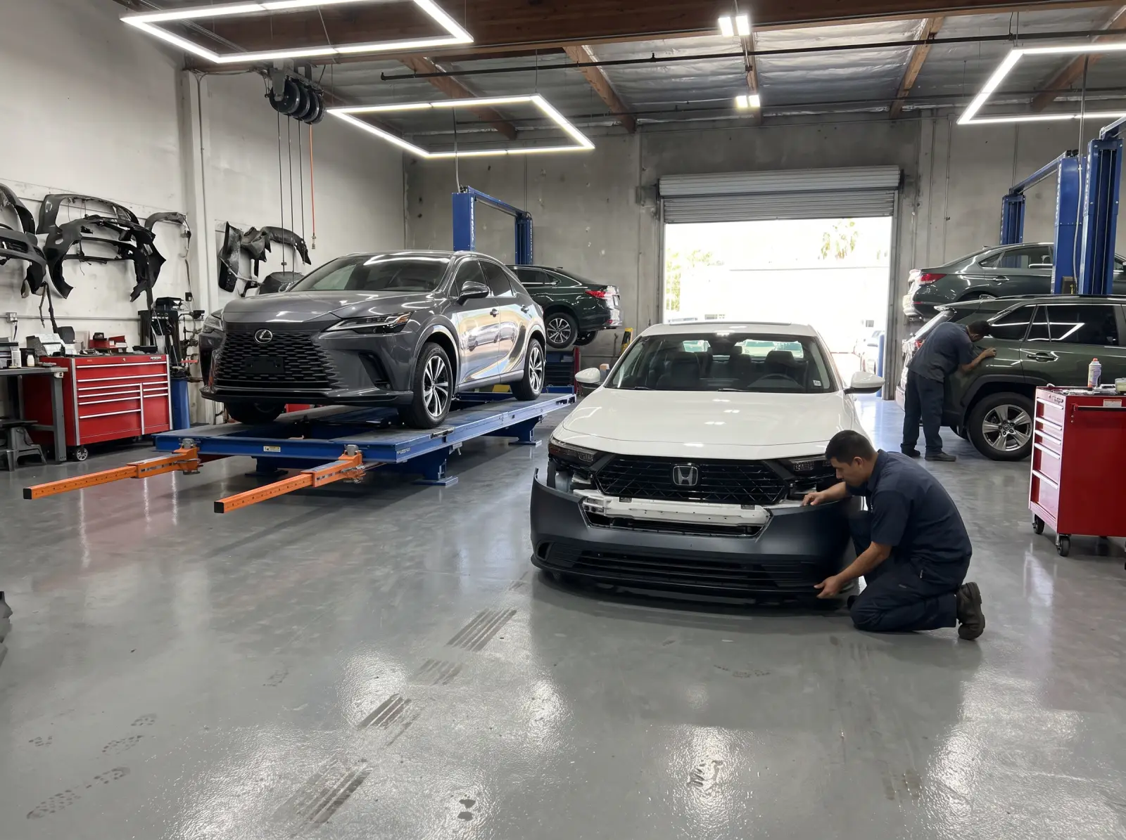 Collision repair bay: a Honda Accord getting a new bumper cover while a Lexus RX sits on the frame bench