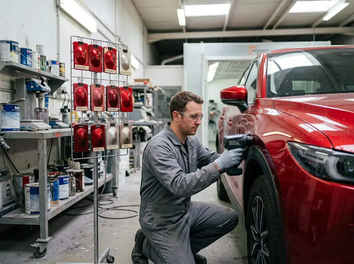 Painter reading a red Mazda CX-5 fender with a spectrophotometer to match the factory color