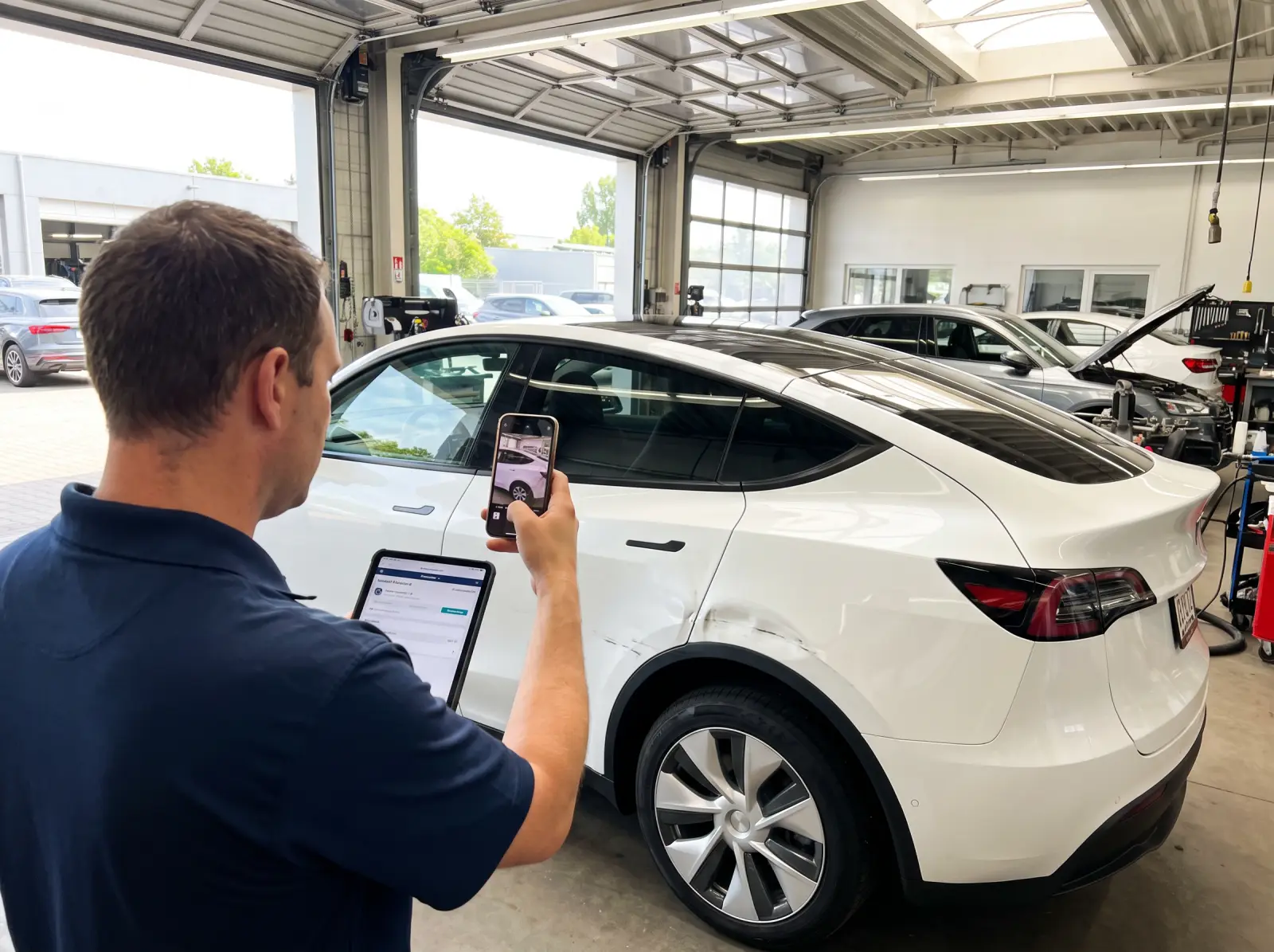 Estimator photographing a dented rear door on a white Tesla Model Y for the insurance claim