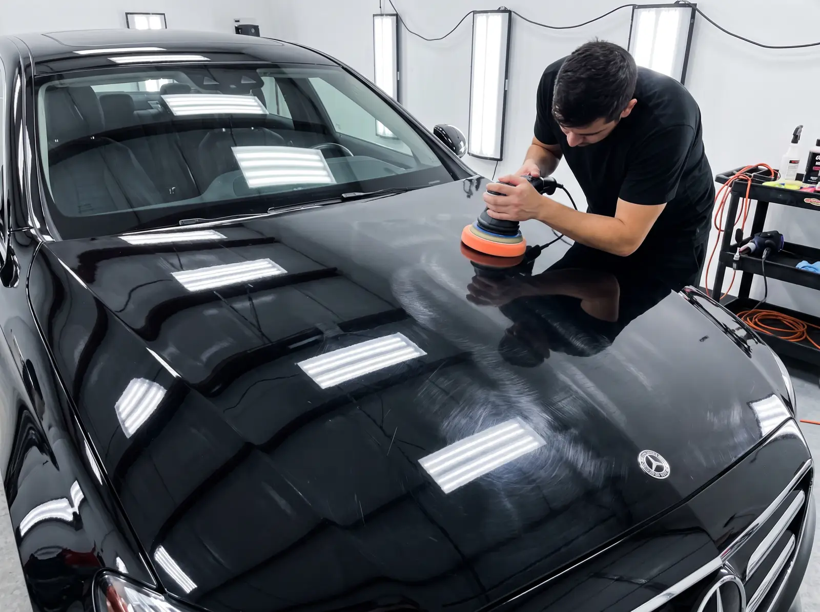 Detailer machine-polishing the hood of a black Mercedes E-Class, half already corrected