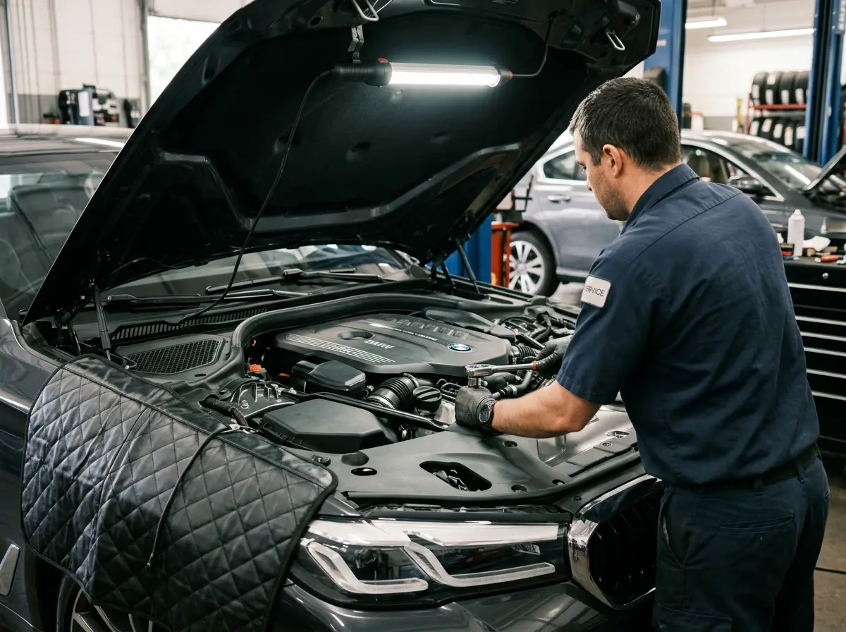 Mechanic working in the engine bay of a BMW 5 Series