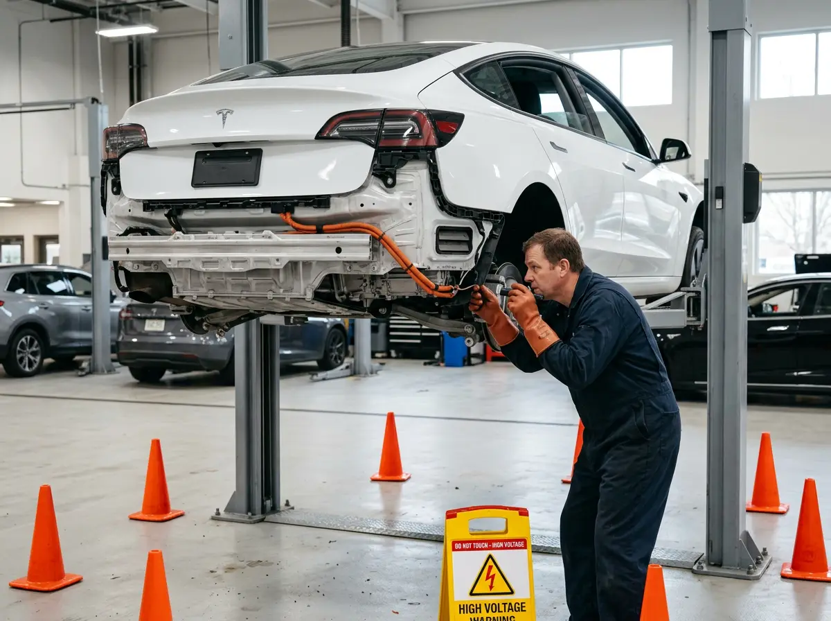 Tesla Model 3 on a lift with a technician in high-voltage gloves inspecting the rear structure