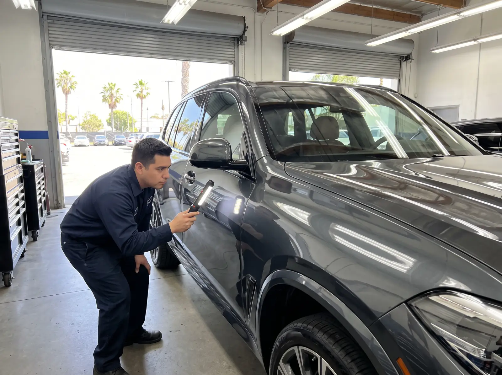 Technician checking the paint and panel gaps of a repaired BMW X5 with an inspection light before delivery
