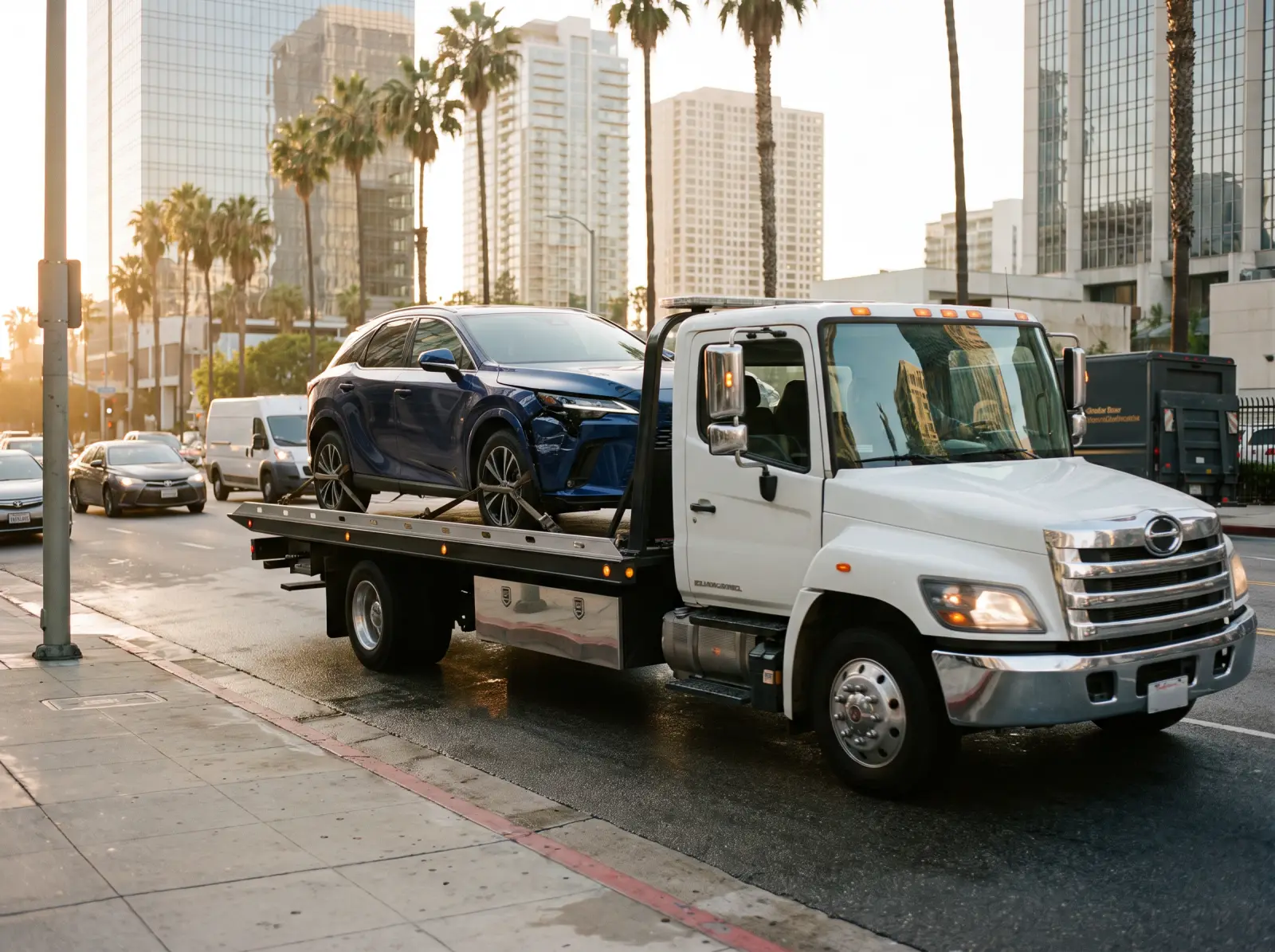 Flatbed tow truck carrying a Lexus RX with front-corner damage through Downtown Los Angeles