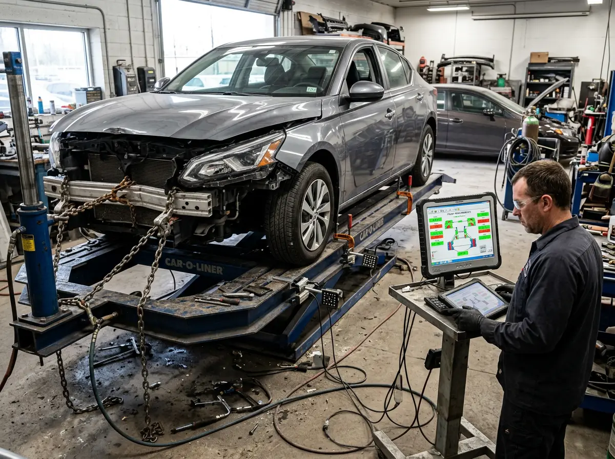 Nissan Altima clamped on a frame straightening bench with electronic measuring