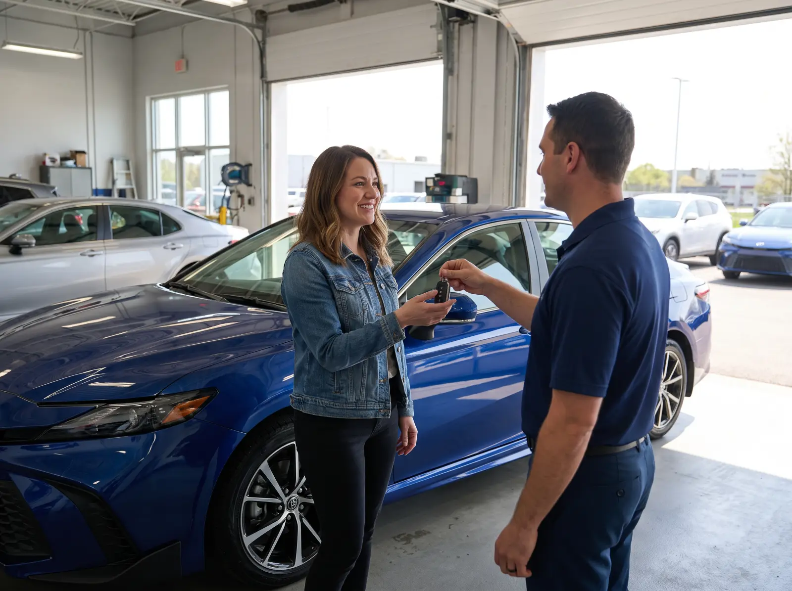 Customer getting the keys to her repaired blue Toyota Camry from a service advisor