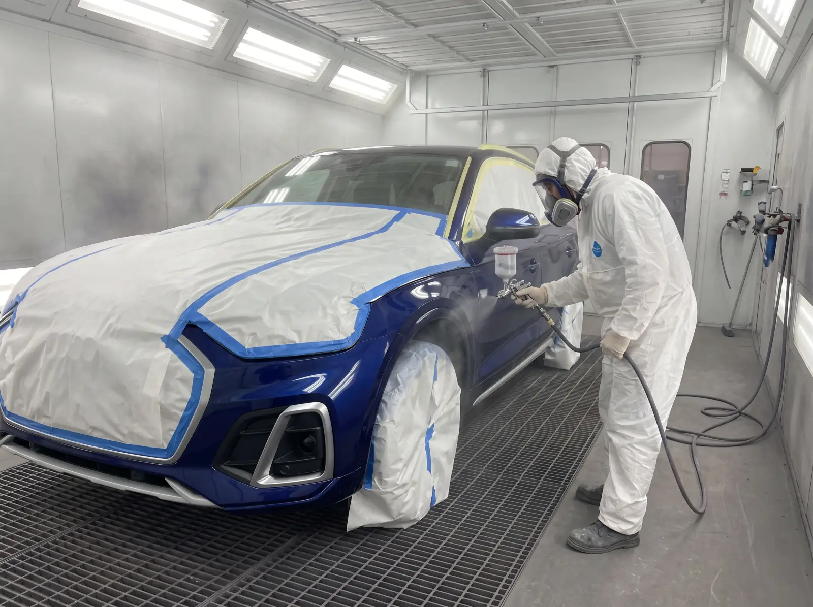 Painter spraying clear coat on a blue Audi Q5 in a downdraft paint booth