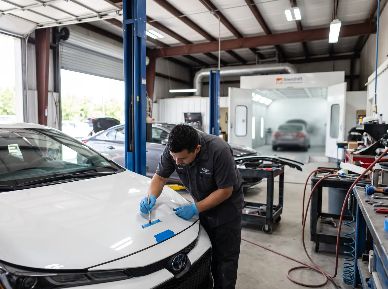 Body shop technician filling a rock chip on the hood of a white sedan before film goes on, paint booth behind him