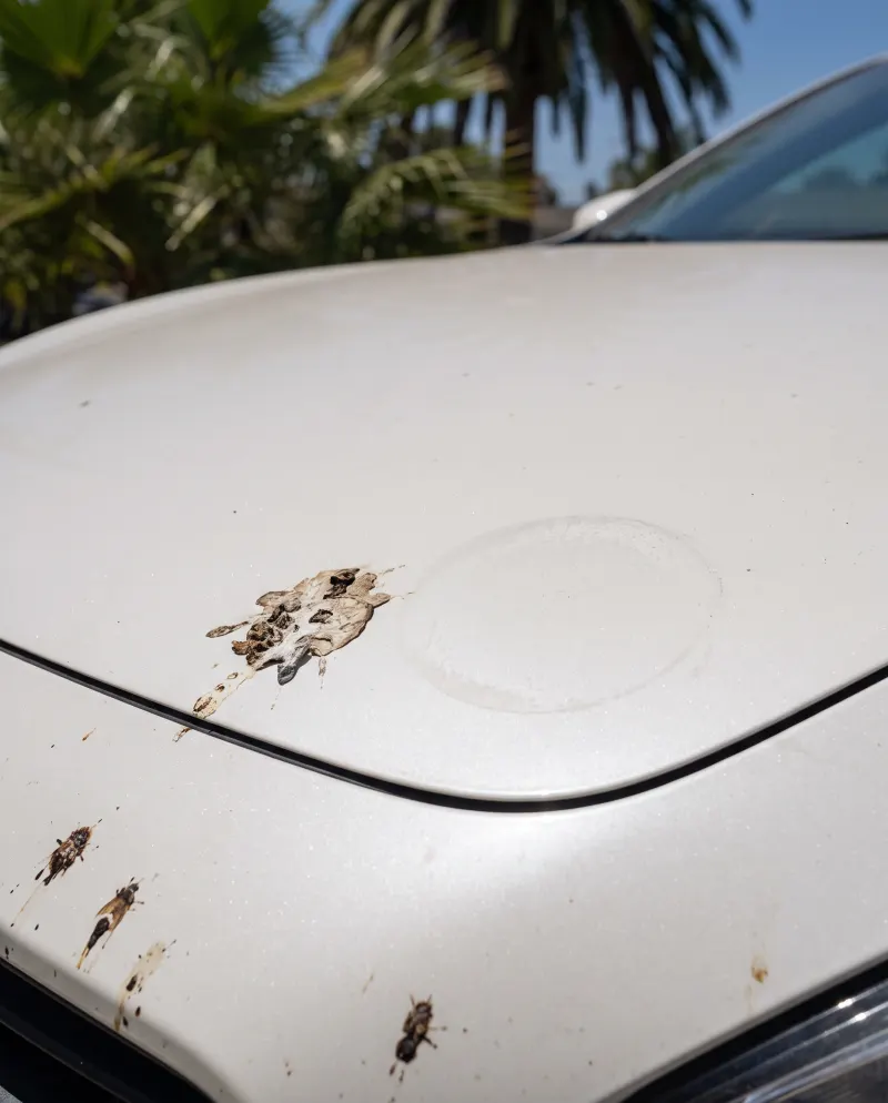 Bird dropping and bug splatter on a white hood, next to a dull ring etched into the clear coat