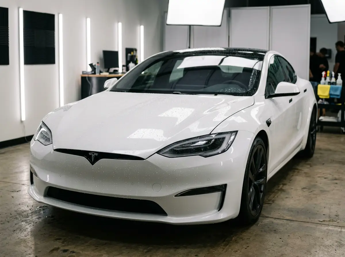 White Tesla Model S with full-front clear paint protection film in a film studio