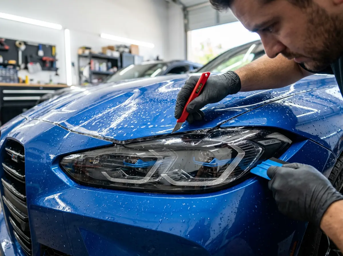 Installer trimming clear paint protection film around the headlight of a blue BMW M3