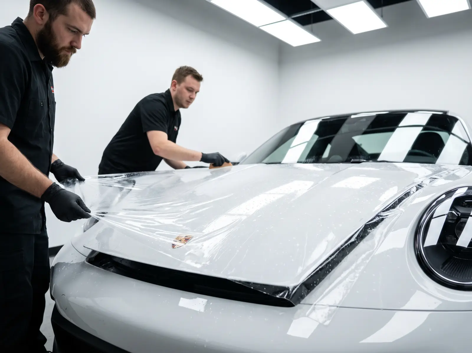 Two installers laying clear paint protection film on the hood of a white Porsche 911