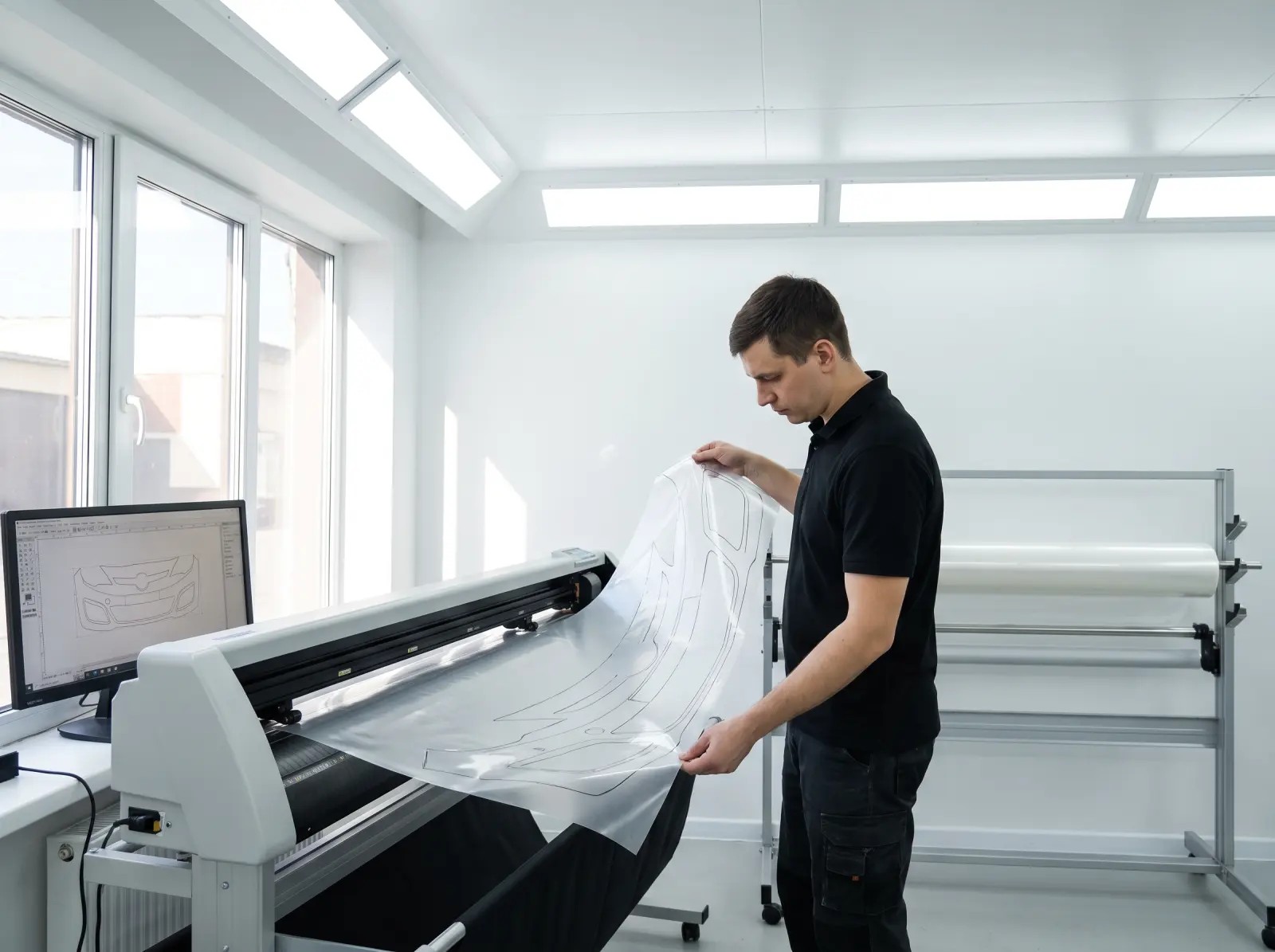 Installer lifting a plotter-cut clear film pattern for a front bumper off a vinyl cutter, the bumper template on a monitor beside it