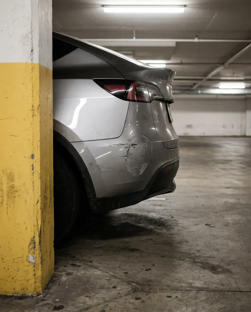 Scuffed rear bumper corner of a silver SUV parked tight against a concrete pillar in a garage