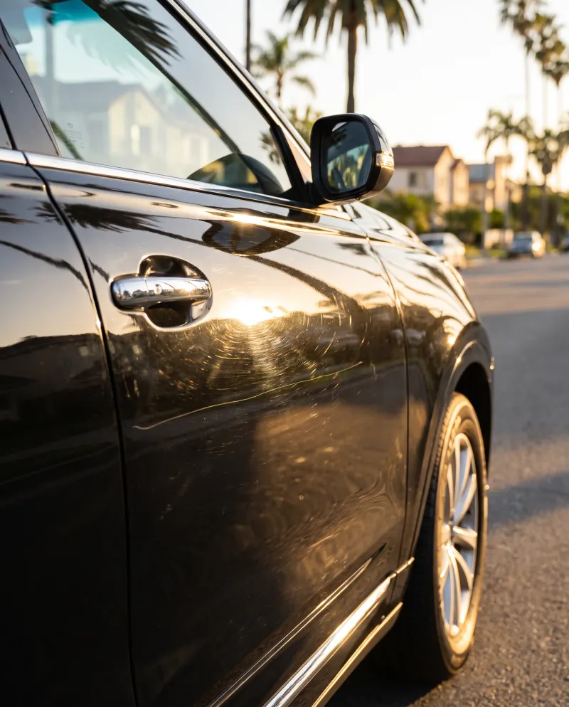 Swirl marks and fine scratches showing in the sunlit black paint of an SUV door