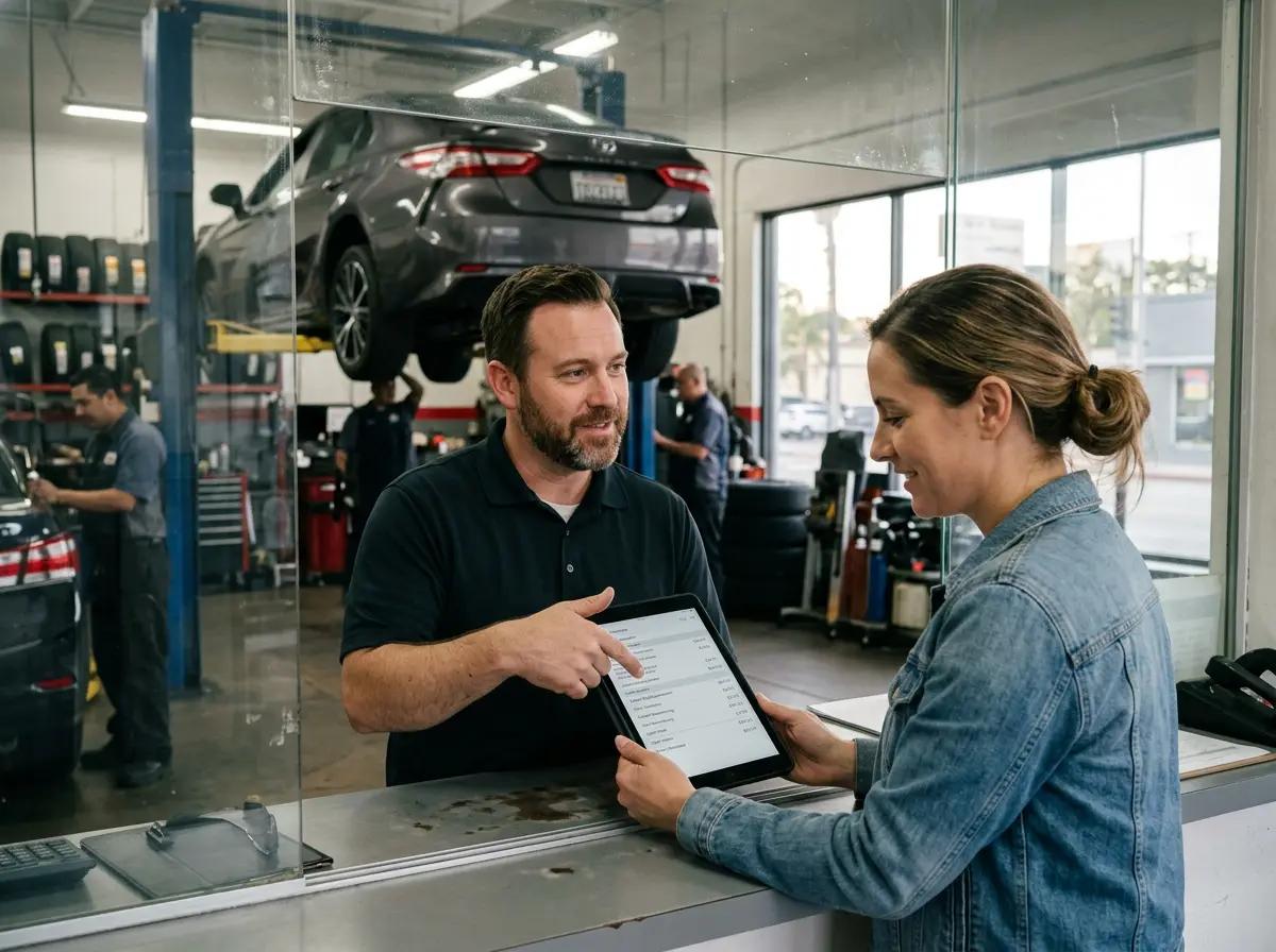 Service advisor walking a customer through a written estimate on a tablet
