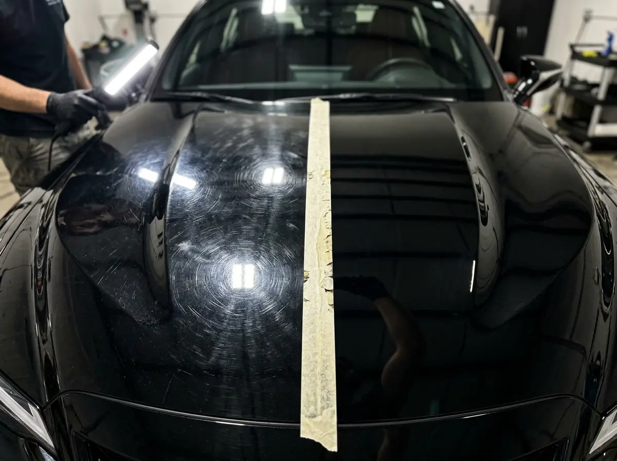 Black hood under a swirl-finder light: swirled paint on one side of the tape, corrected on the other