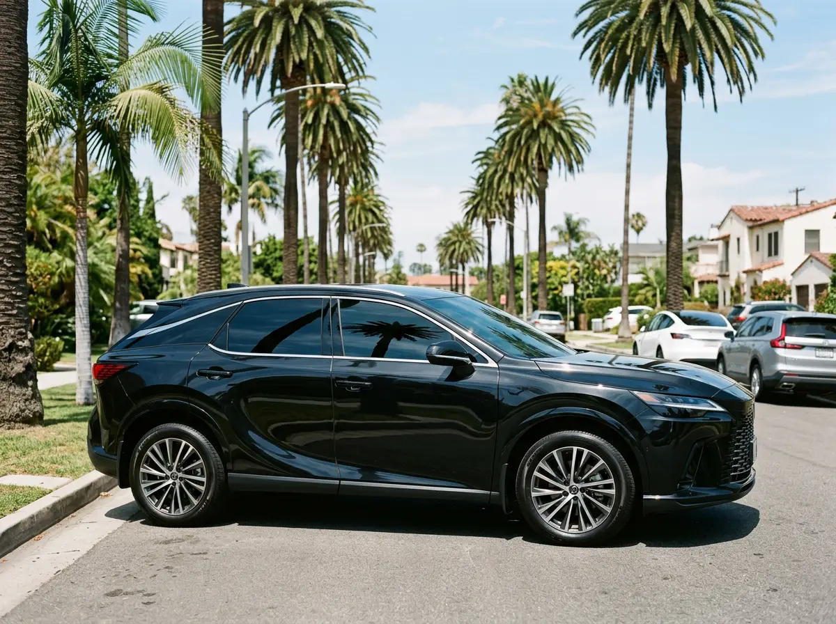 Black Lexus RX with fresh dark window tint on a sunny Los Angeles street