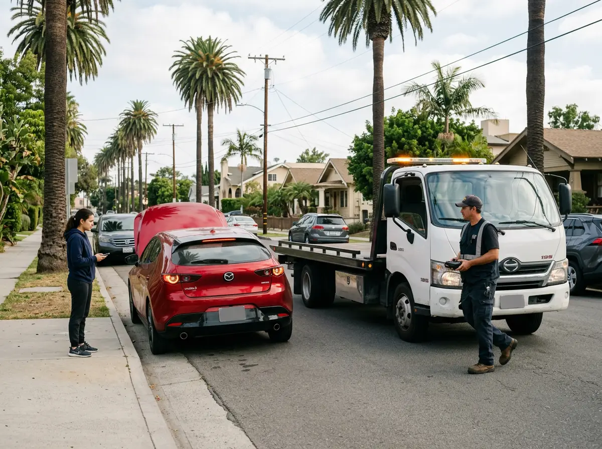 Flatbed arriving for a Mazda 3 with its hood up on a Los Angeles side street