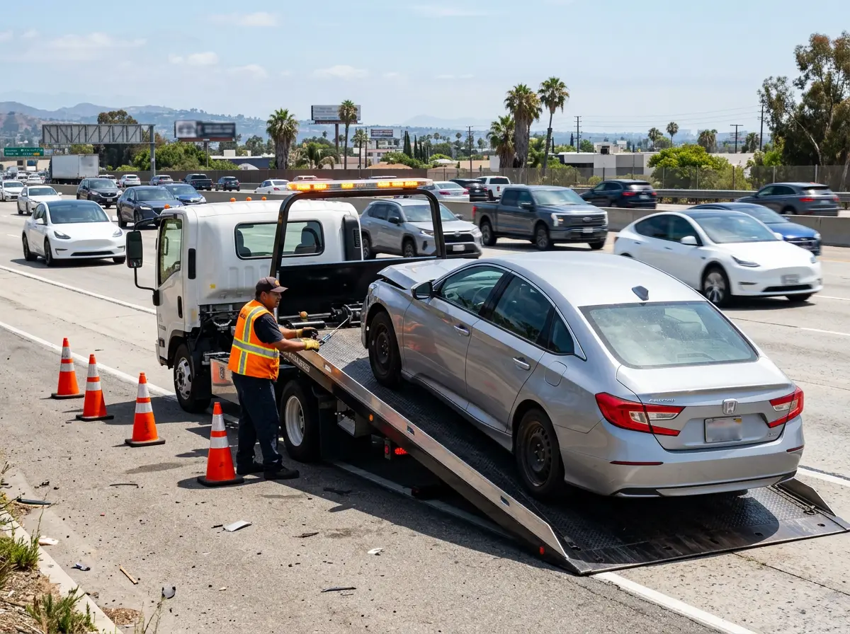 Flatbed loading a Honda Accord on a Los Angeles freeway shoulder, cones placed behind