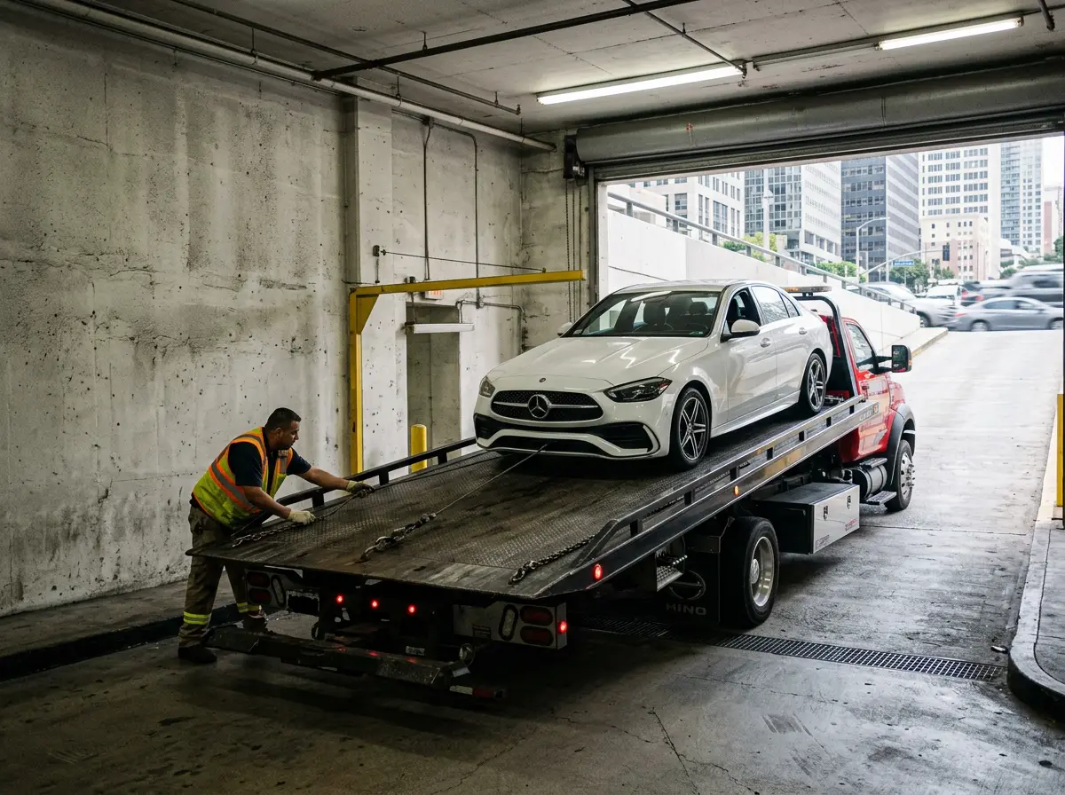 Flatbed loading a Mercedes C-Class at the exit of an underground parking garage