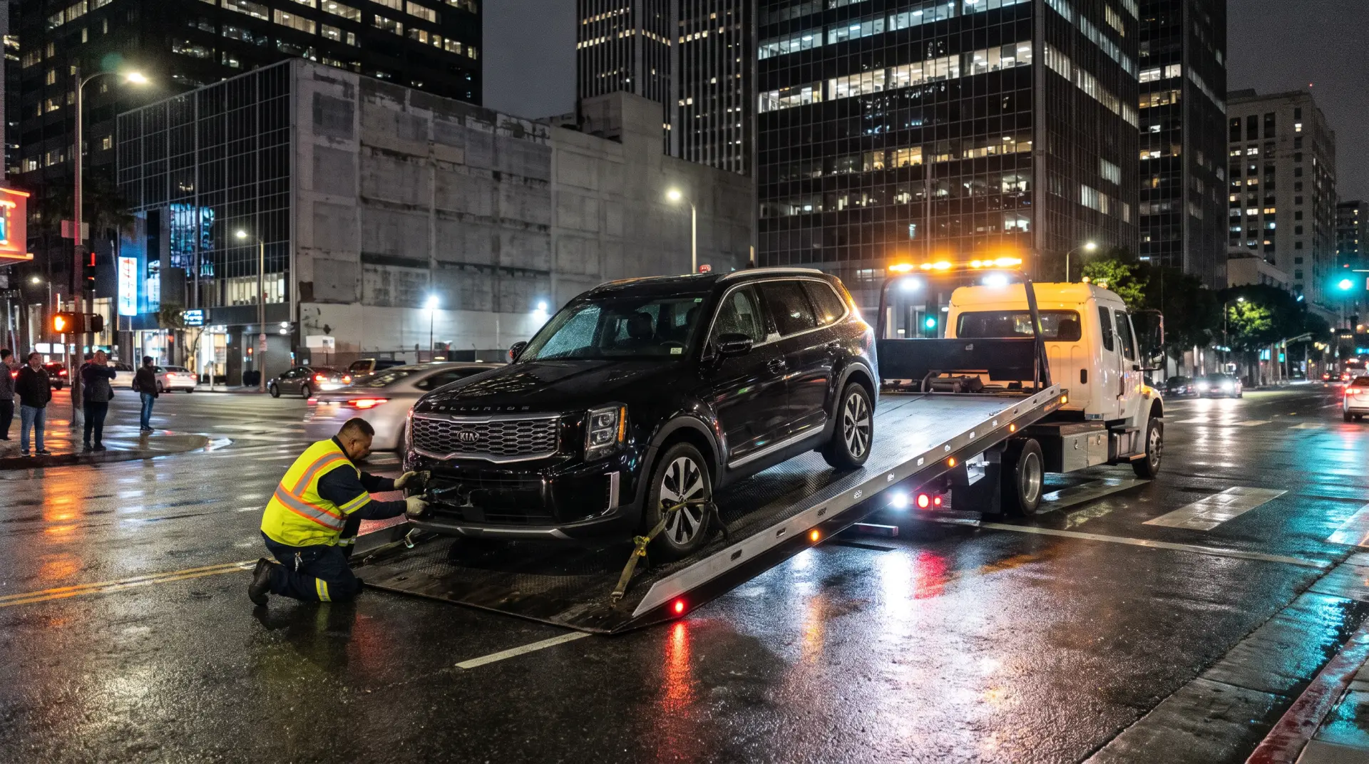 Tow operator strapping a Kia Telluride onto a flatbed at night in Downtown Los Angeles