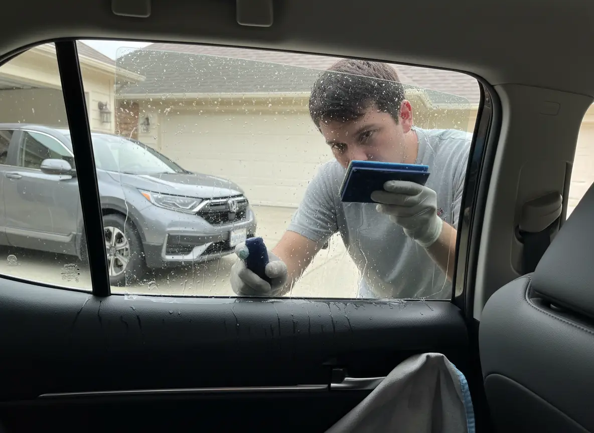 Installer working window tint film on a car's rear side window