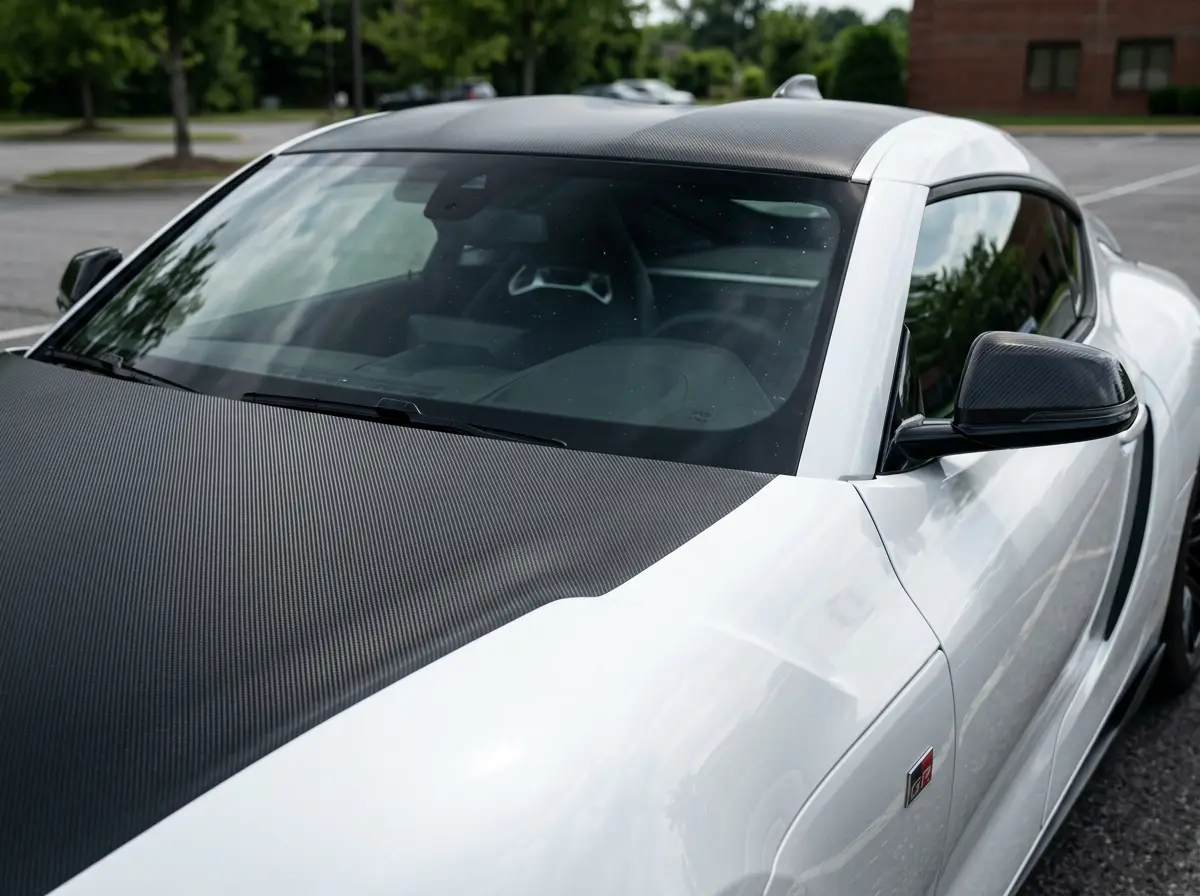 White sports car with a carbon fiber vinyl hood