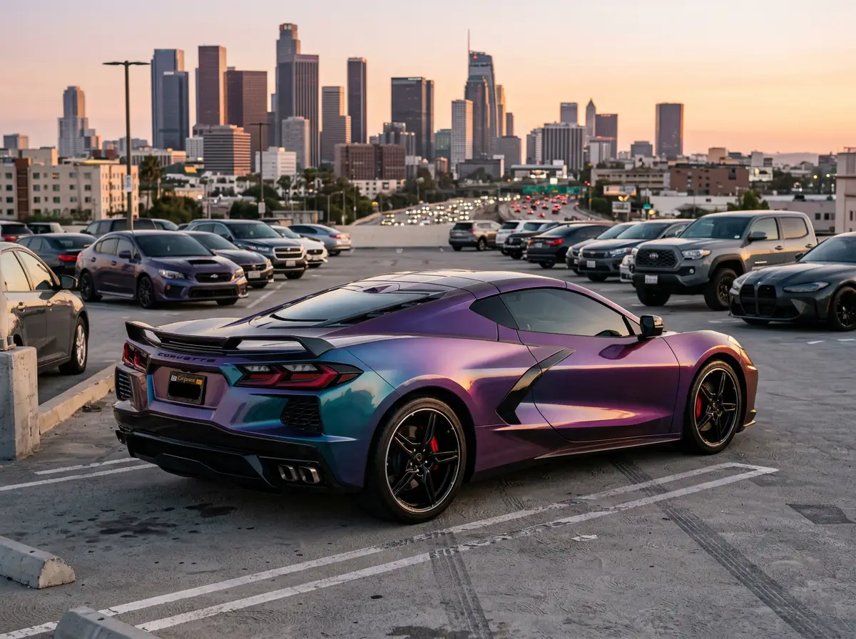 Corvette C8 in purple-to-teal color-shift vinyl wrap above Downtown LA