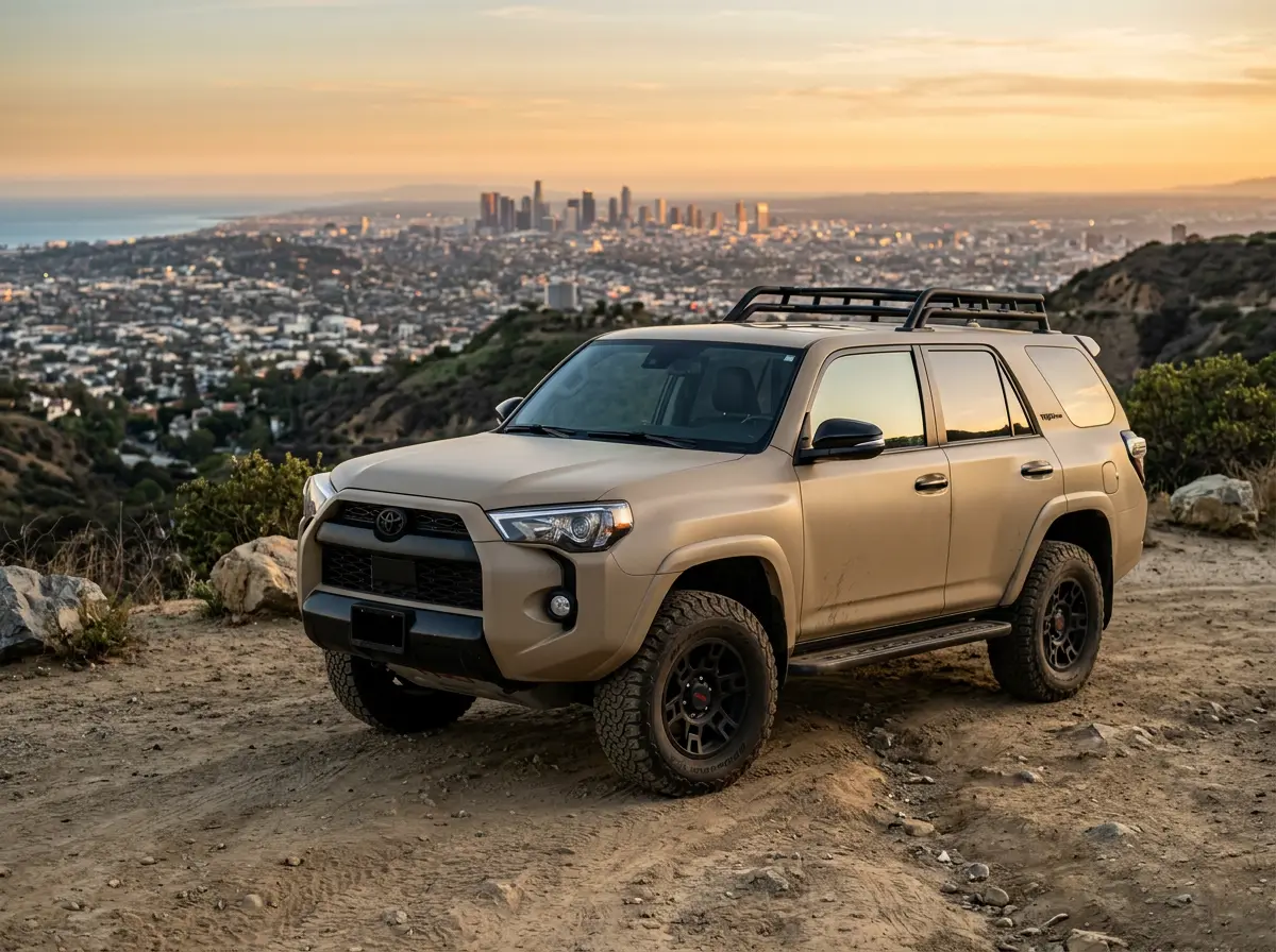 Toyota 4Runner in matte desert tan vinyl wrap above Los Angeles