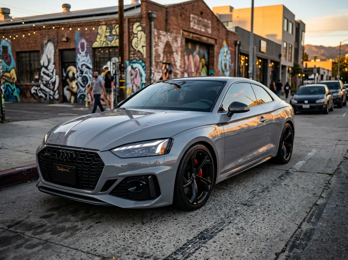 Audi RS5 in gloss Nardo grey vinyl wrap in the Arts District at sunset