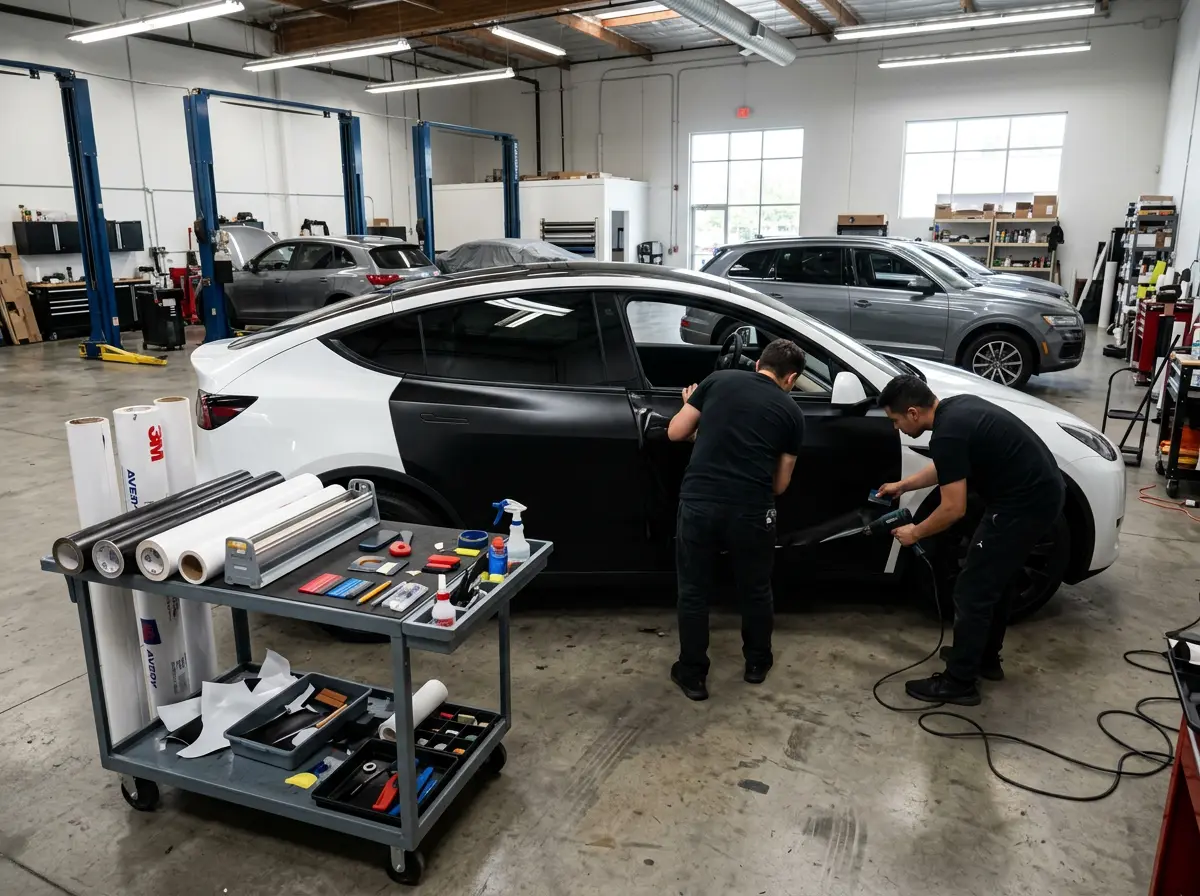 Tesla Model Y halfway through a white to satin black color change