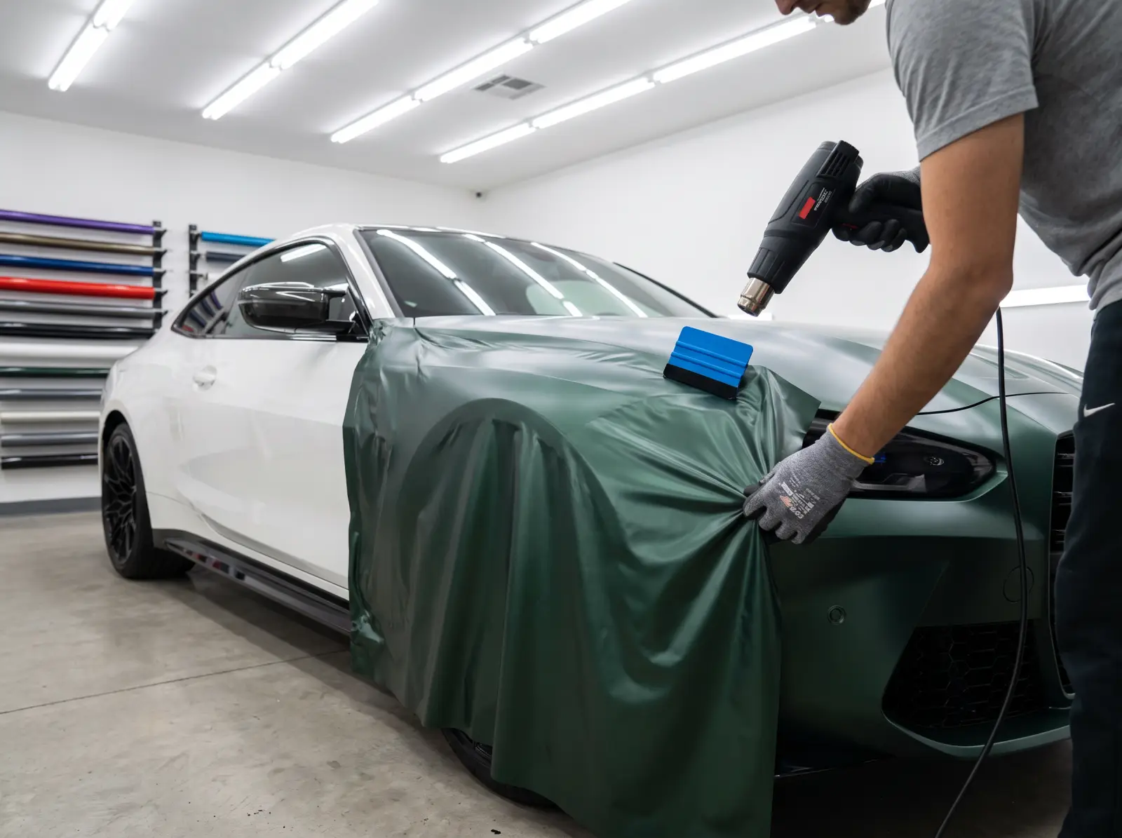 Installer heating satin green vinyl wrap over the fender of a white BMW M4