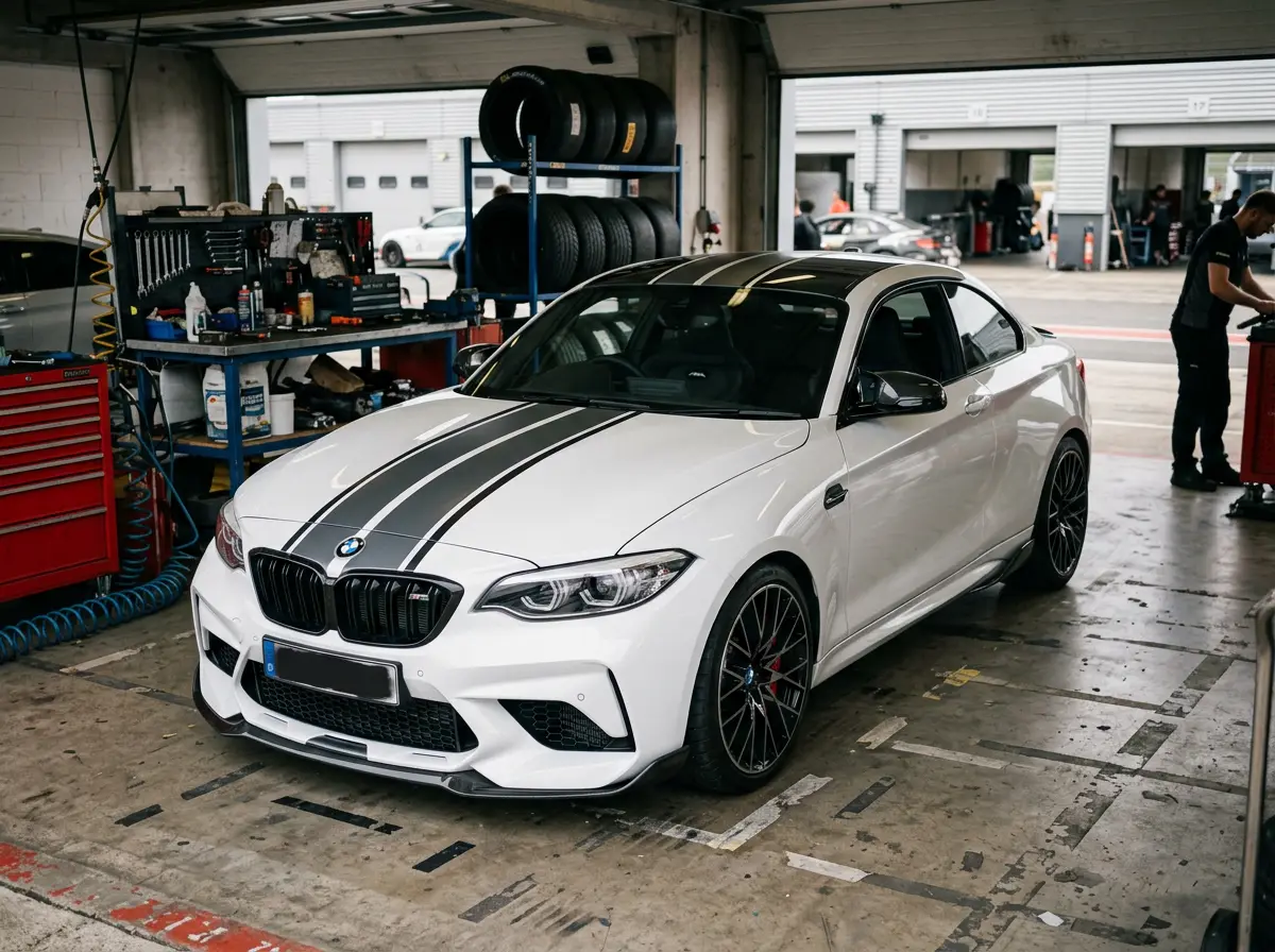 White BMW M2 with a two-tone racing stripe livery