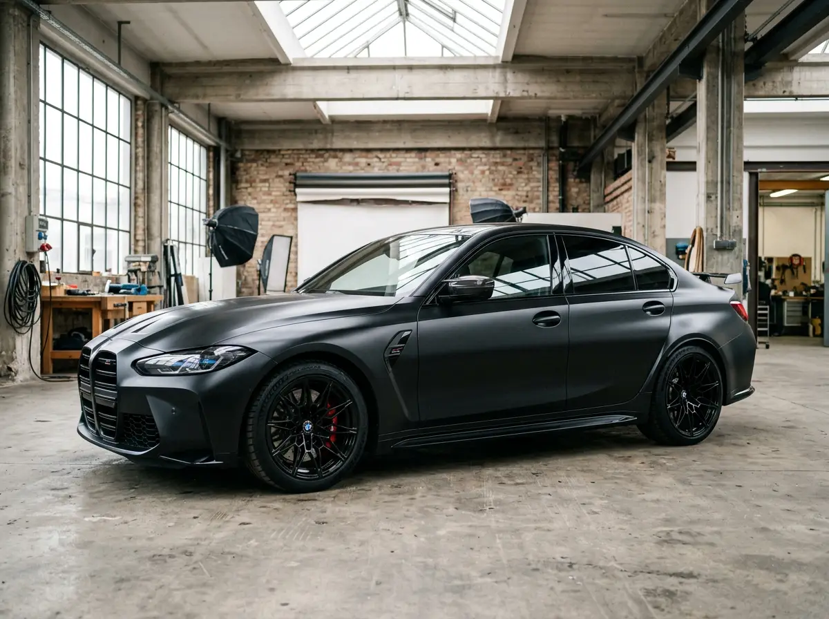 BMW M3 in matte black vinyl wrap