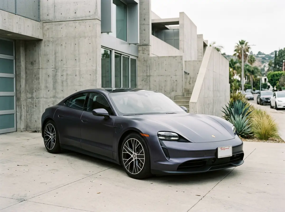 Porsche Taycan in a satin dark grey color-change wrap