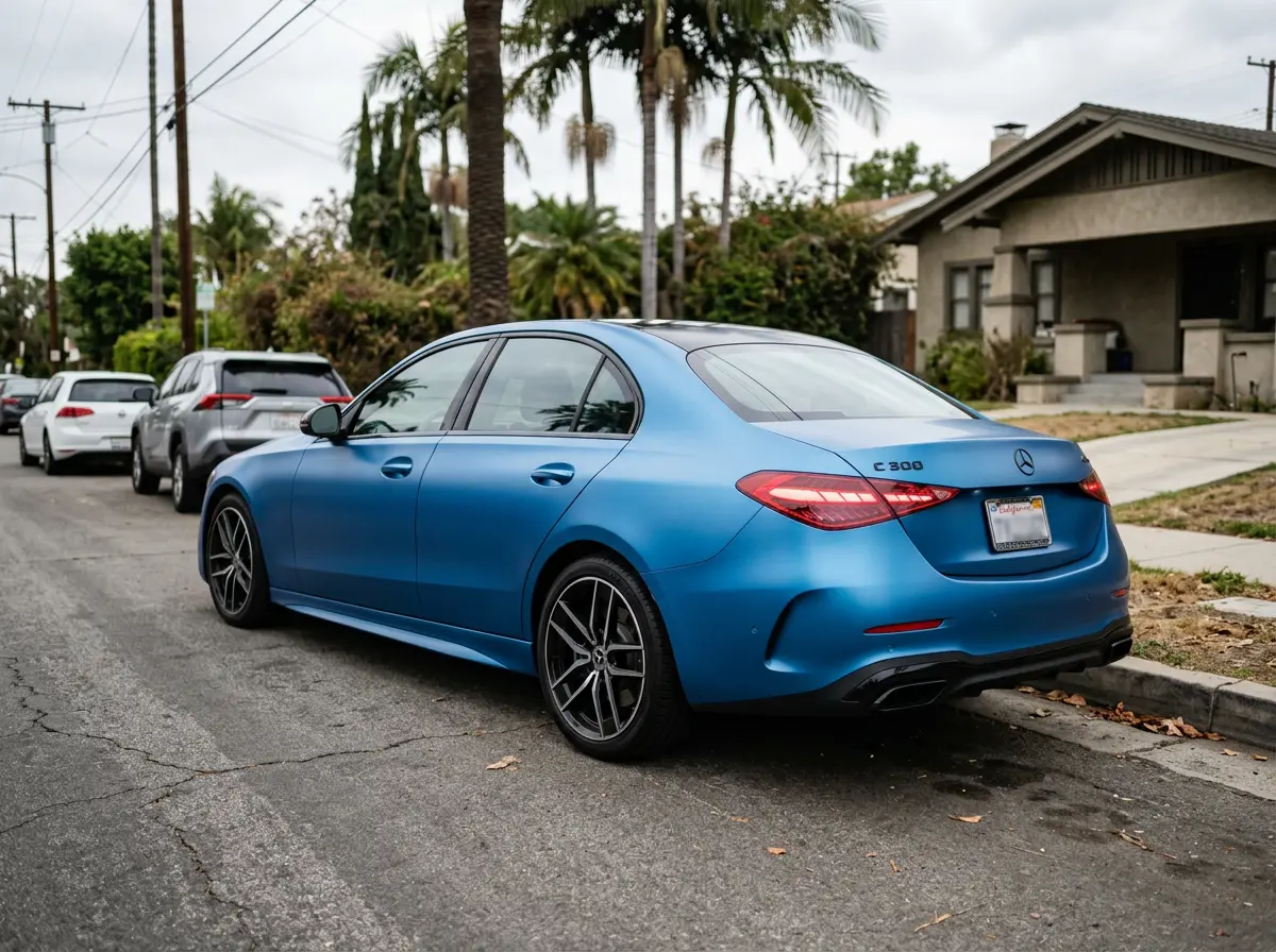 Mercedes C-Class in satin frozen blue vinyl wrap