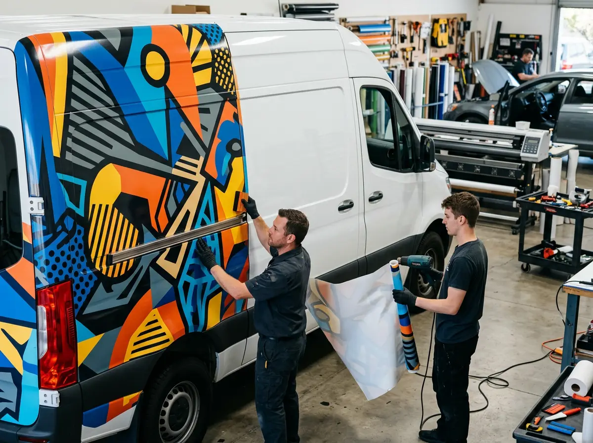 Installers applying a fleet graphics wrap to a white Mercedes Sprinter van