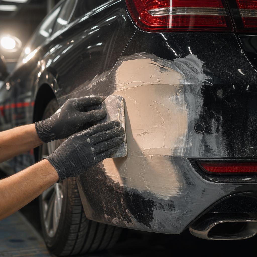 Hands sanding body filler on a rear quarter panel before primer